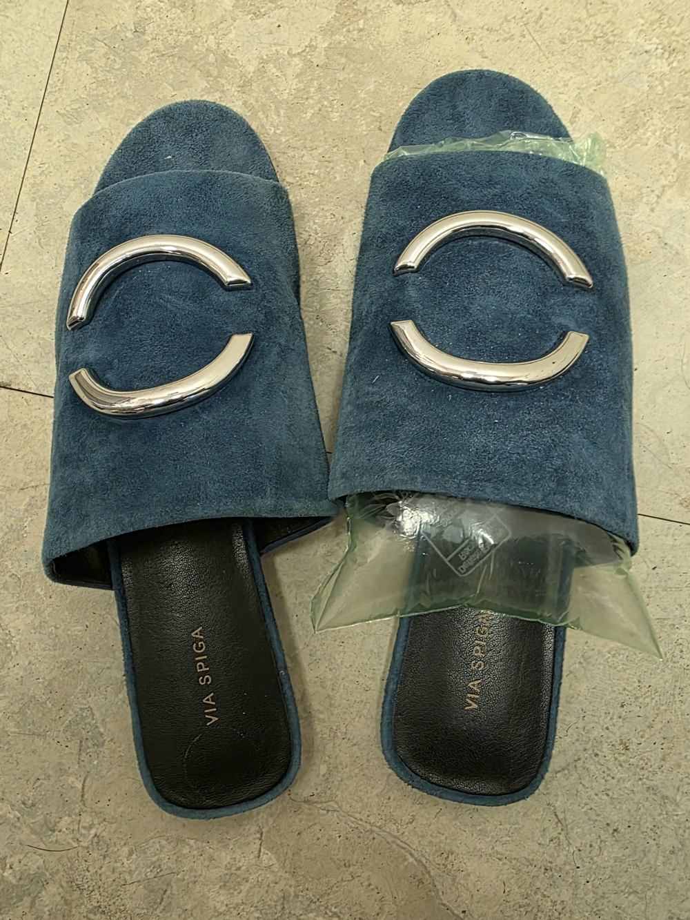 Via Spiga Teal Suede Mule Slides with Silver Hardware